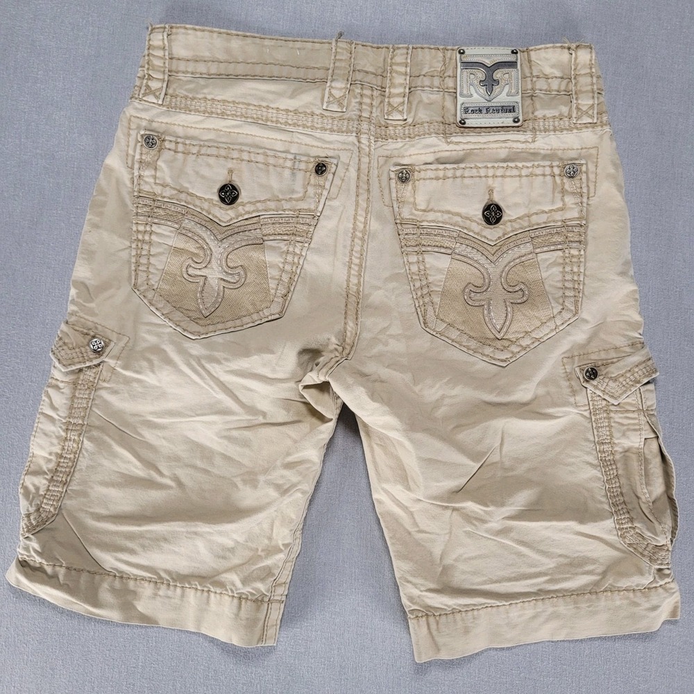 Rock Revival Cargo Shorts Mens 32 Classic Tan Biege Embroidered Pockets